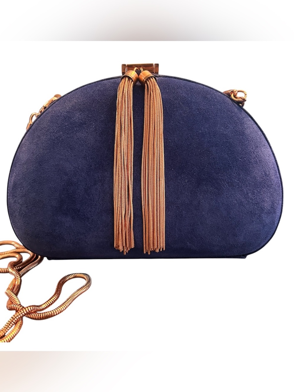 Ted Baker Royal Blue Suede Rose Gold Tasseled Crossbody Clutch Handbag